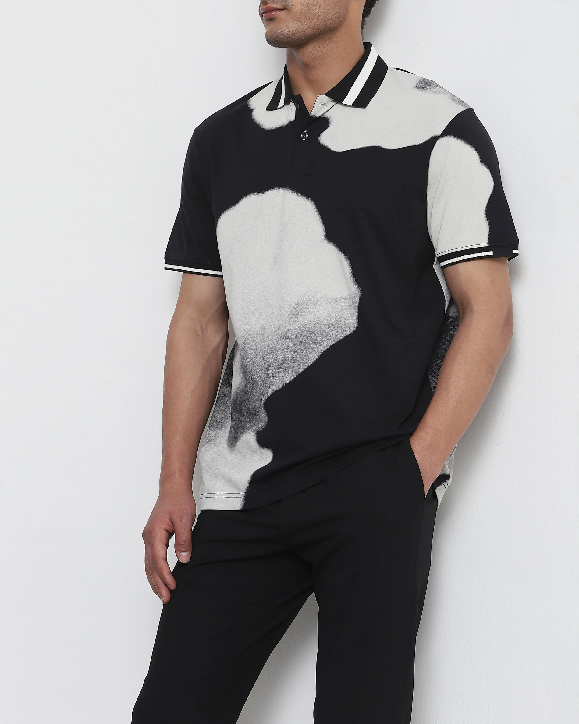 Daily Simple Soft  Black Floral Print Polo Shirt
