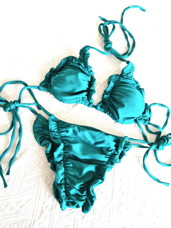 Sexy Solid Color Triangle Ruffled Lace-Up Bikini Swimwear