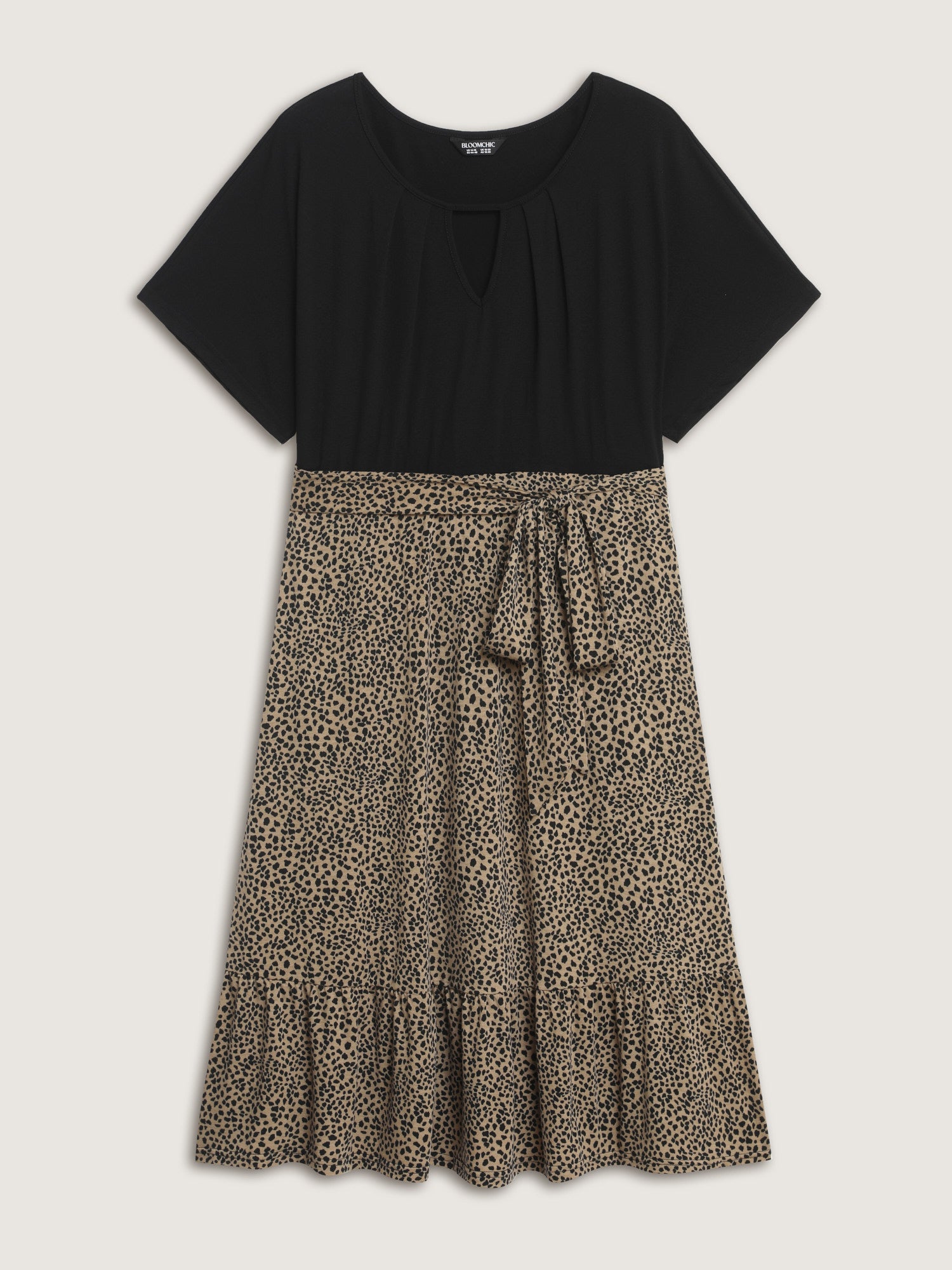 Leopard Print Contrast Cut-Out Neckline Midi Dress