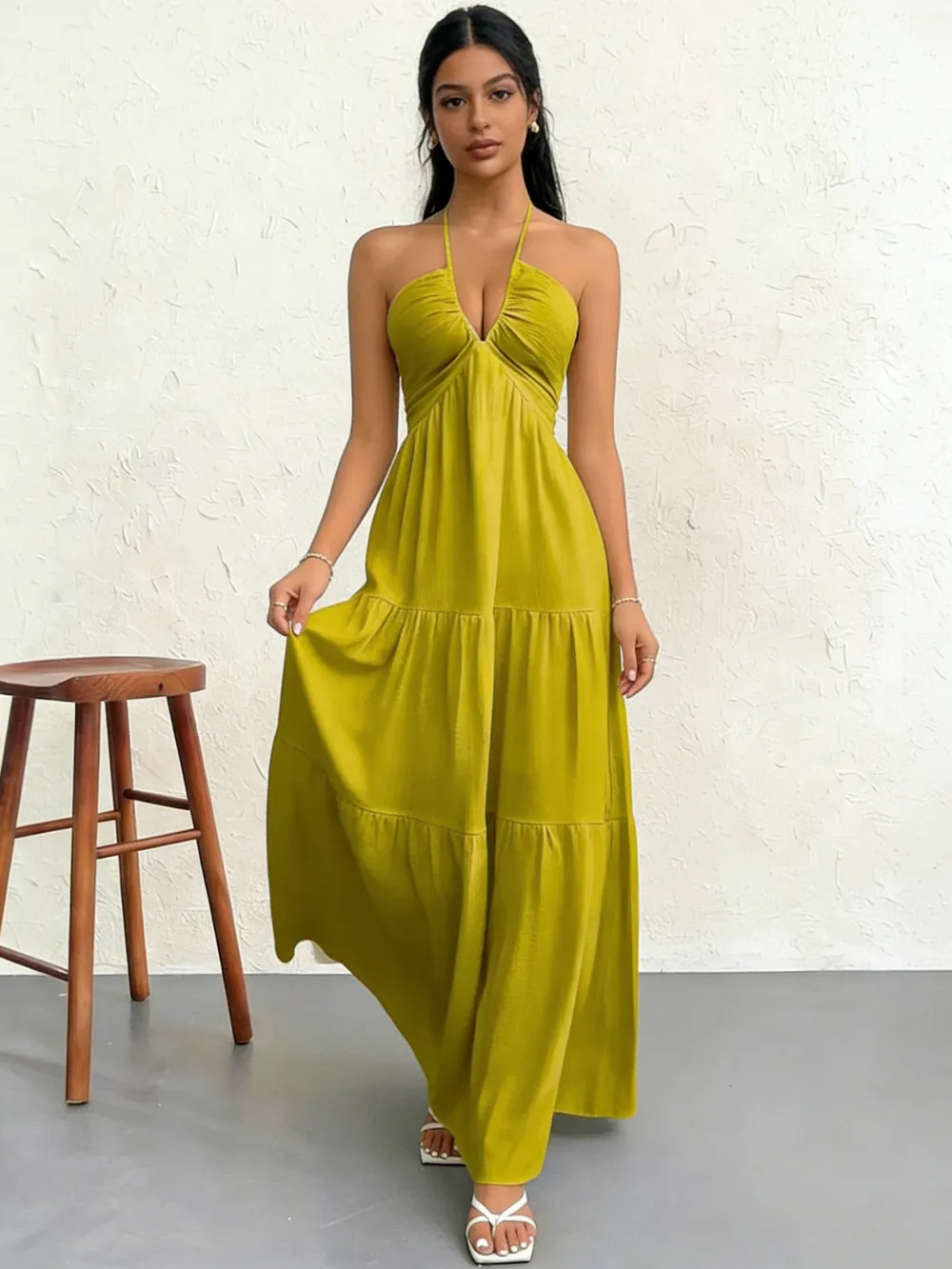 Women's Casual Fashion Solid Color Dresses V-Neck Sleeveless Dresses