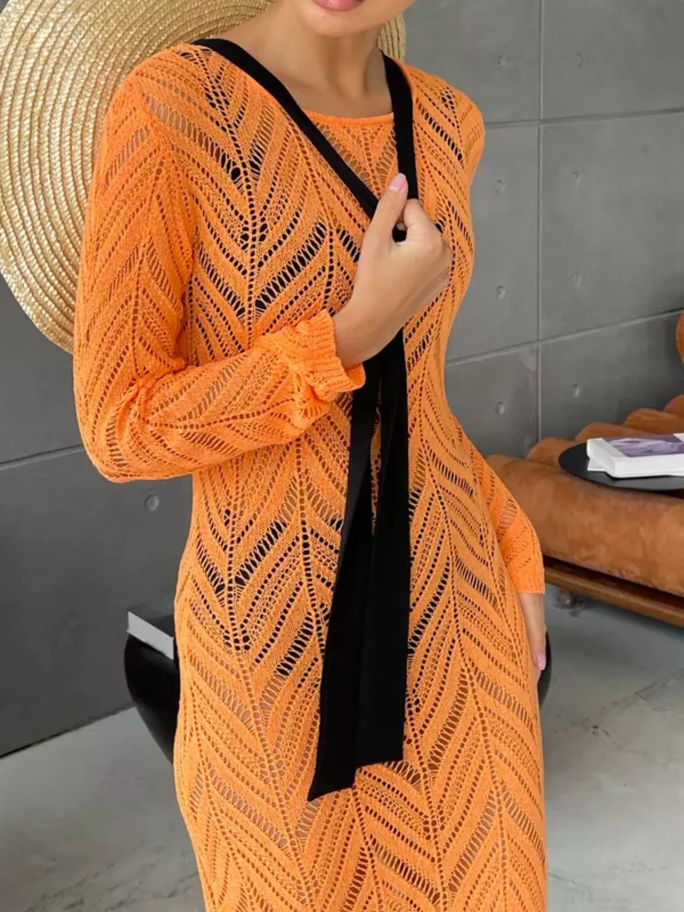 Openwork Long Sleeve Knit Cover Up Dress