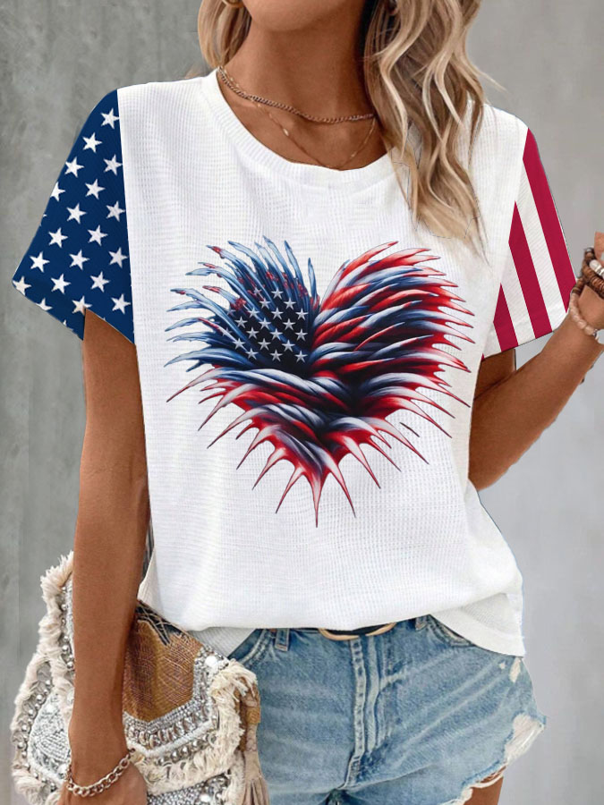 Women'S American Flag Heart Waffle T-Shirt