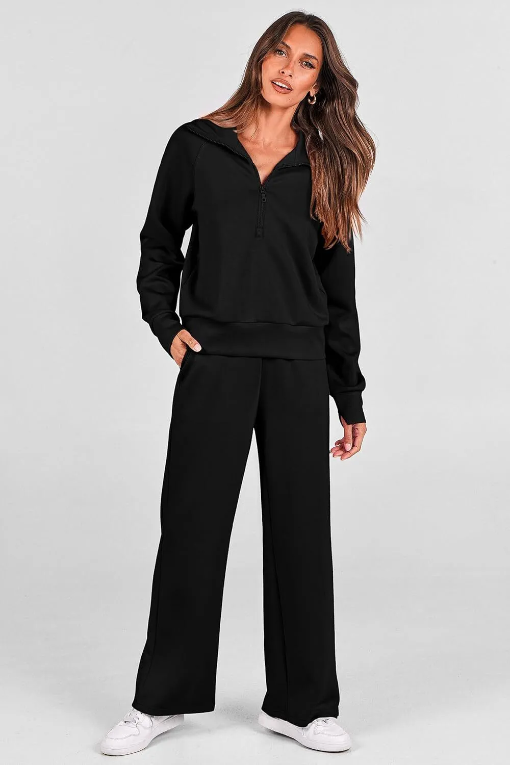 🔥Final Day Clearance!🛒Women's 2 Piece Outfits Casual Lapel Half Zip Sweatshirts And Wide Leg Pants Tracksuit Sets