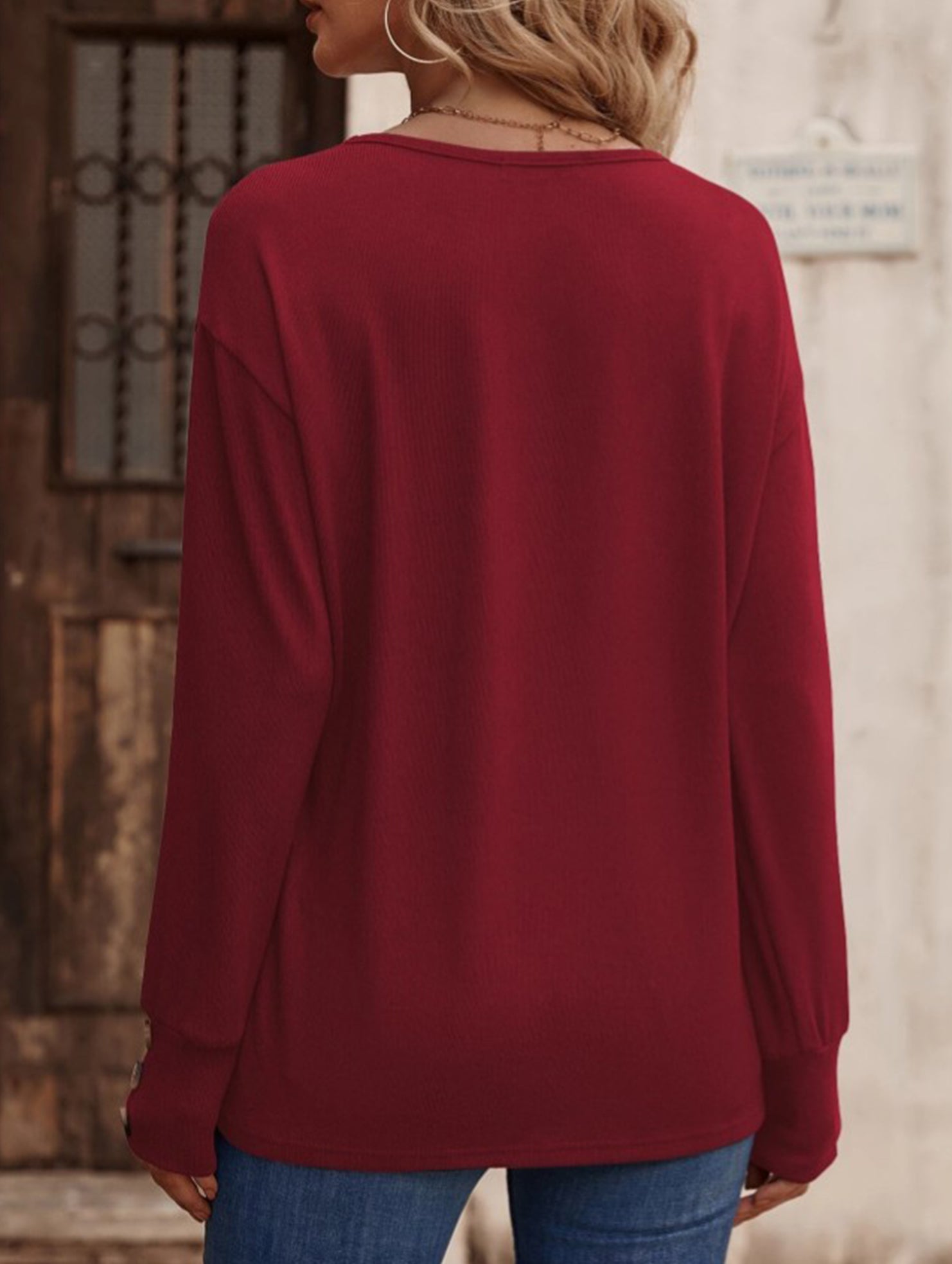 Solid V Neck Button Loose Long Sleeve Tee_CWTTL01231