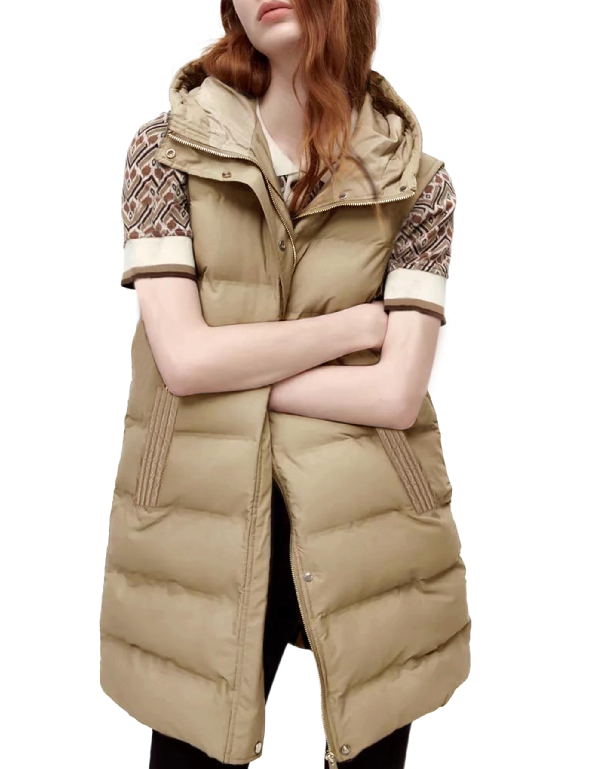 Women's Long Puffer Vest Casual Sleeveless Puffer Jacket with Removable Hood Sets