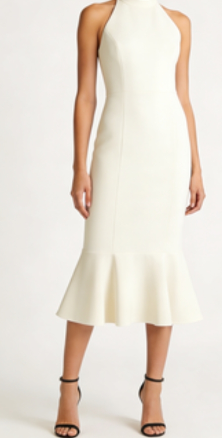 Chic Halter Neckline: Crepe Midi Dress with Flattering Fit & Flare Silhouette