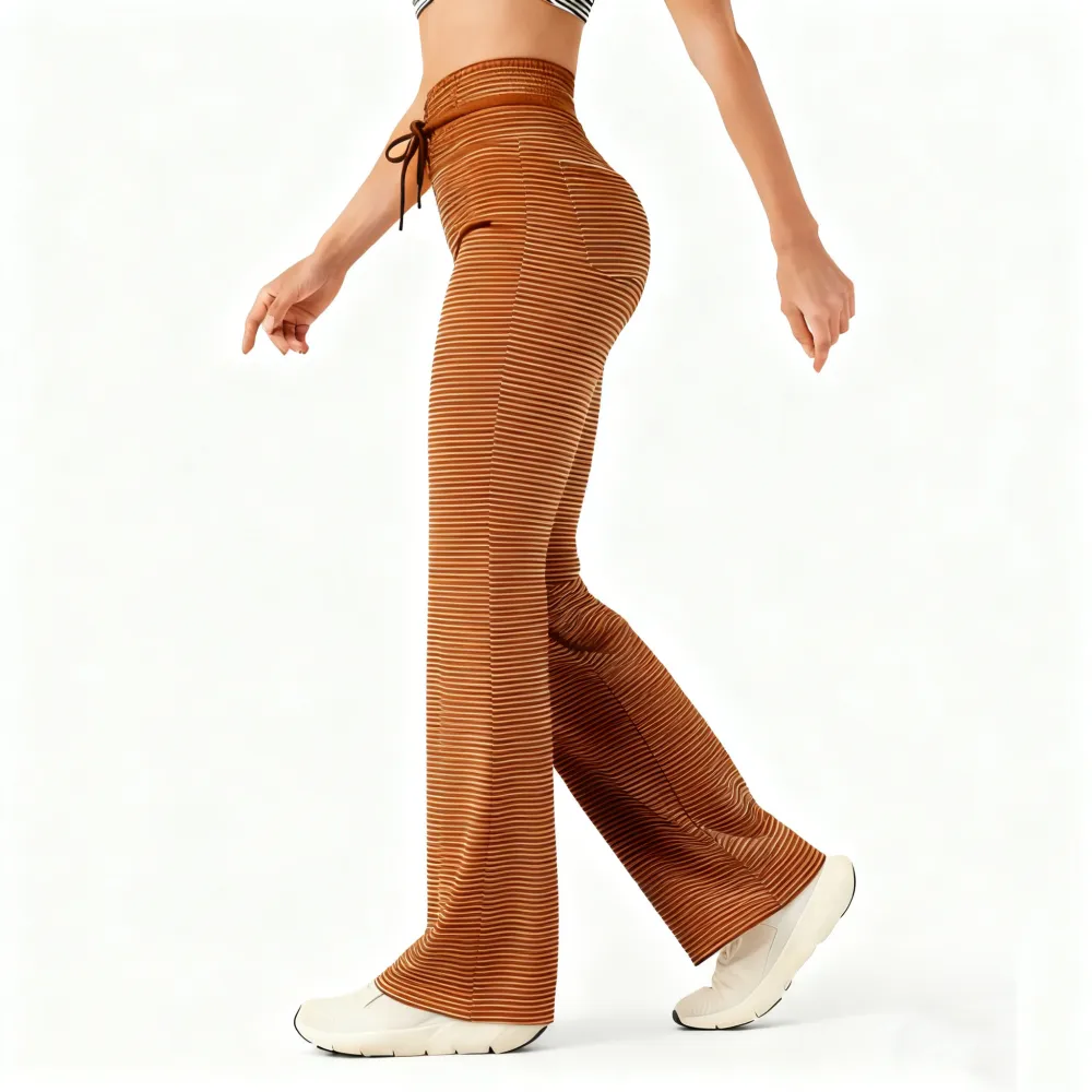 High Waisted Drawstring Stripe Flare Yoga Pants with Pockets