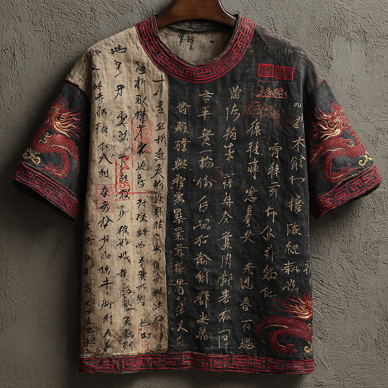 Men's Japanese Calligraphy And Dragon Art Linen Blend Crew Neck T-shirt