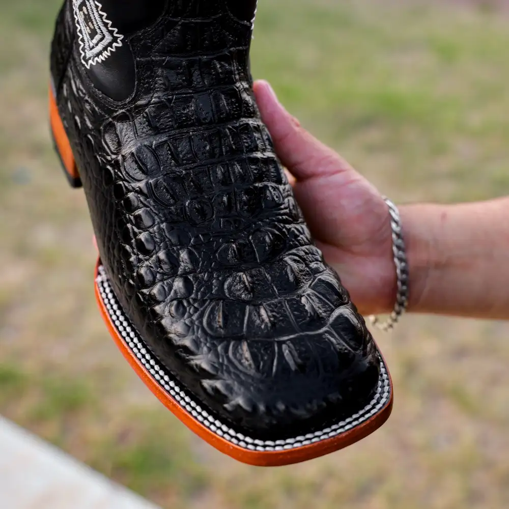 Black Caiman Neck Leather Boots - Square Toe