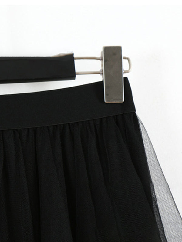 Fairy Mesh Splicing Solid Color High Waist Midi Skirt