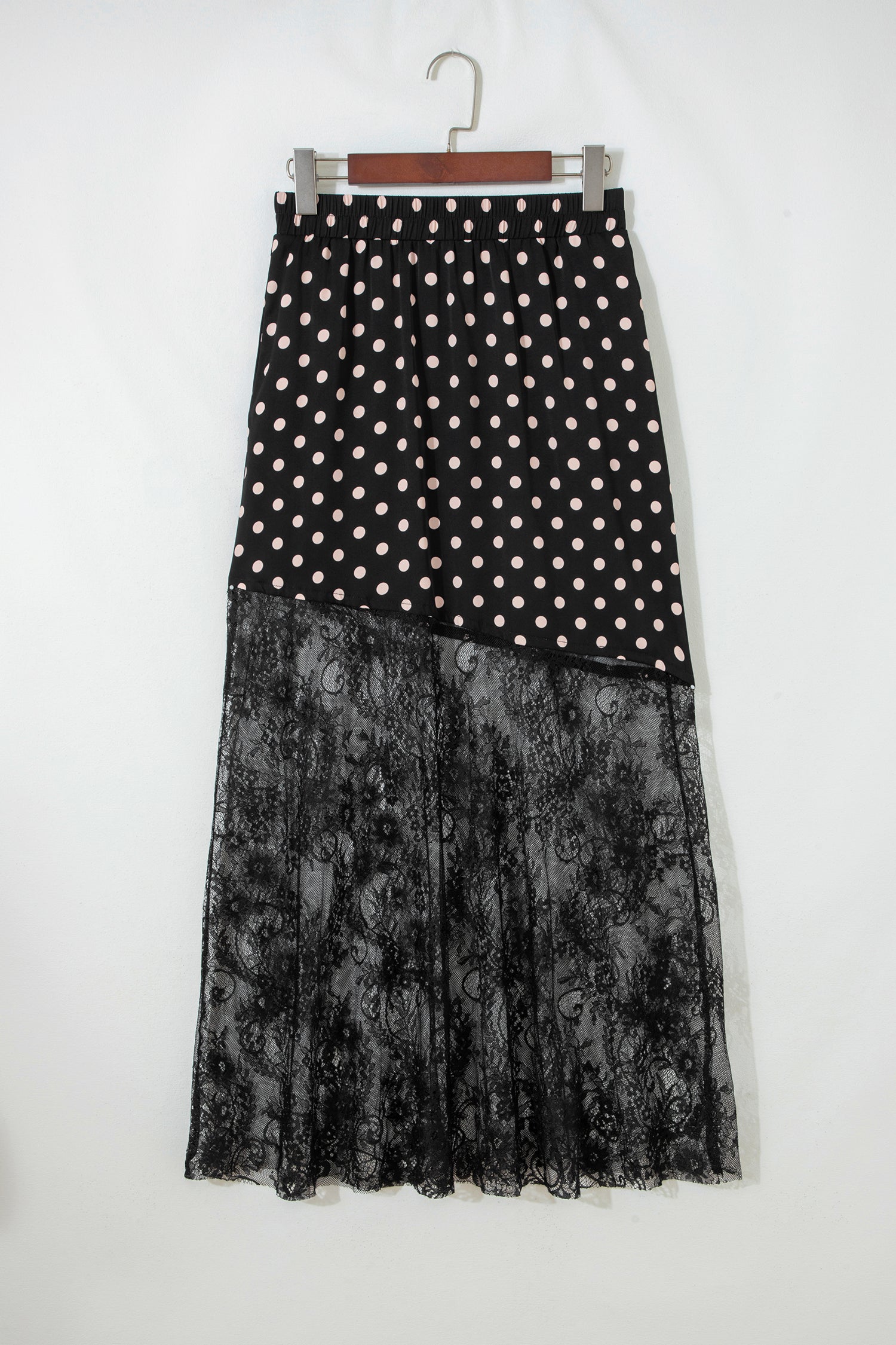 Black Asymmetric Polka Dot Print Sheer Lace Patchwork Maxi Skirt