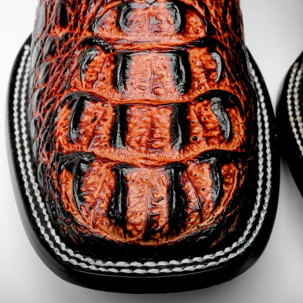 Cognac Caiman Neck Leather Boots - Square Toe