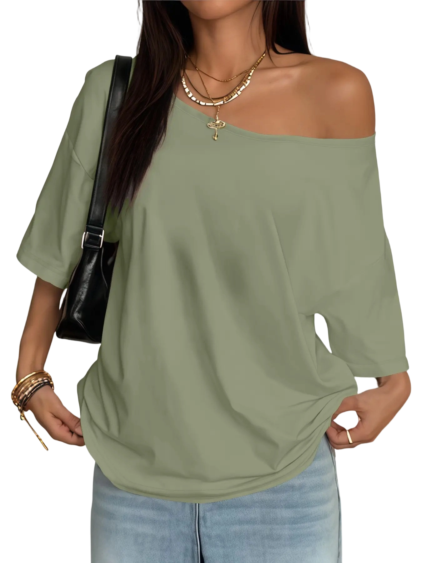 Plus Size Women's Asymmetrical Shoulder Top, Trendy Fashion Short Sleeve Blouse, Thin Lightweight Fitted Daily Wear for Plus Size Ladies