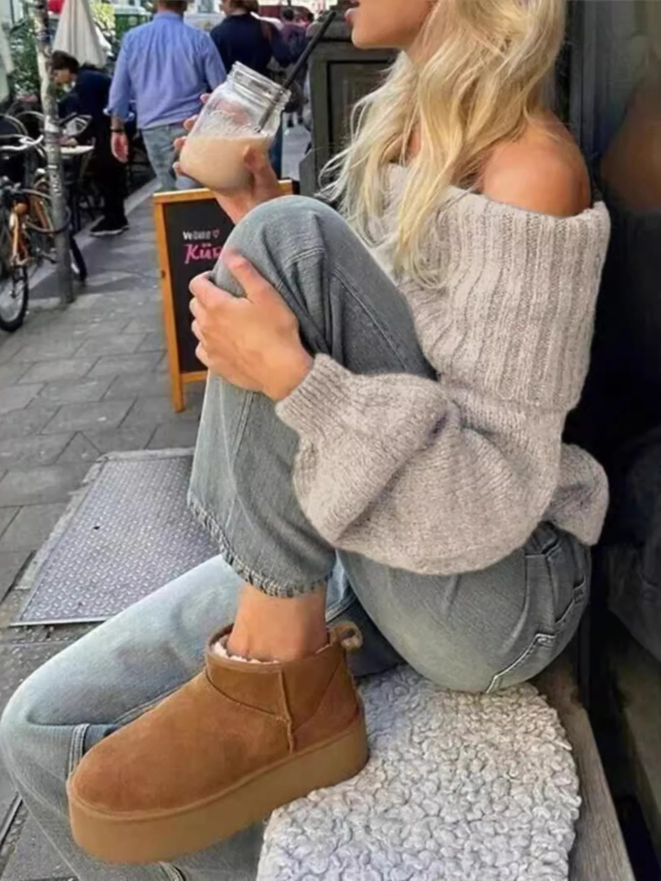 Off-Shoulder Ribbed Long Sleeve Sweater