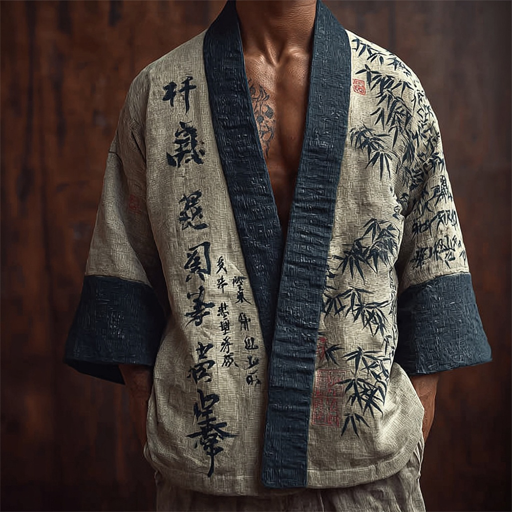 Men's Japanese Bamboo Calligraphy Art Retro Linen Kimono