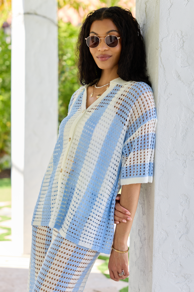 Blue Stripe Crochet Cover-Up Top