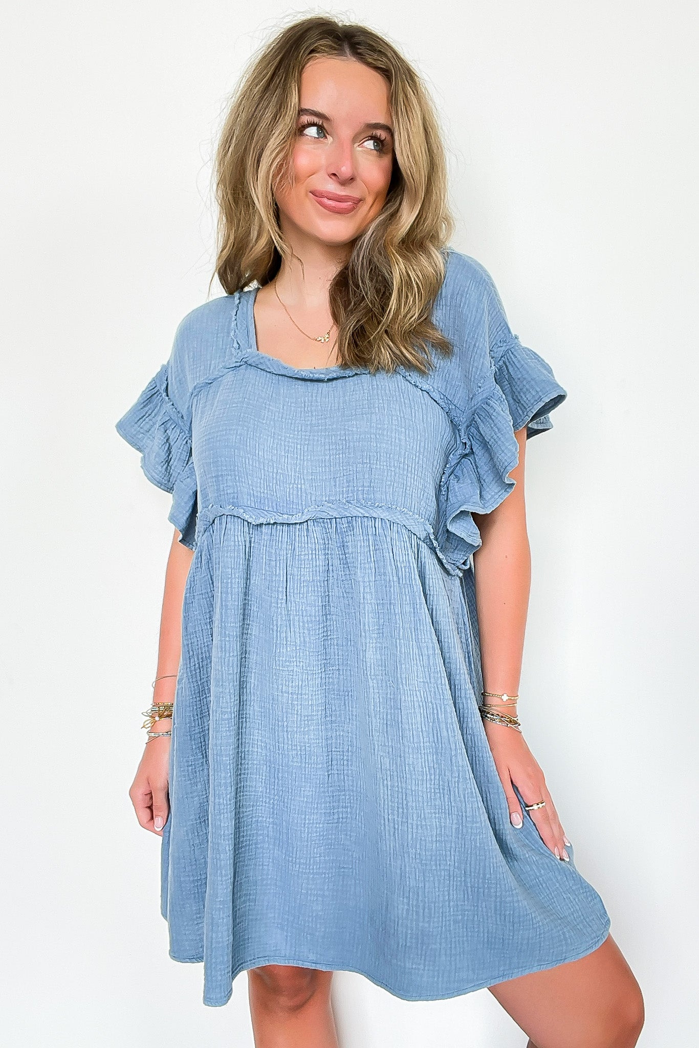 Mineral Washed Square-Neck Ruffle Sleeve Dress
