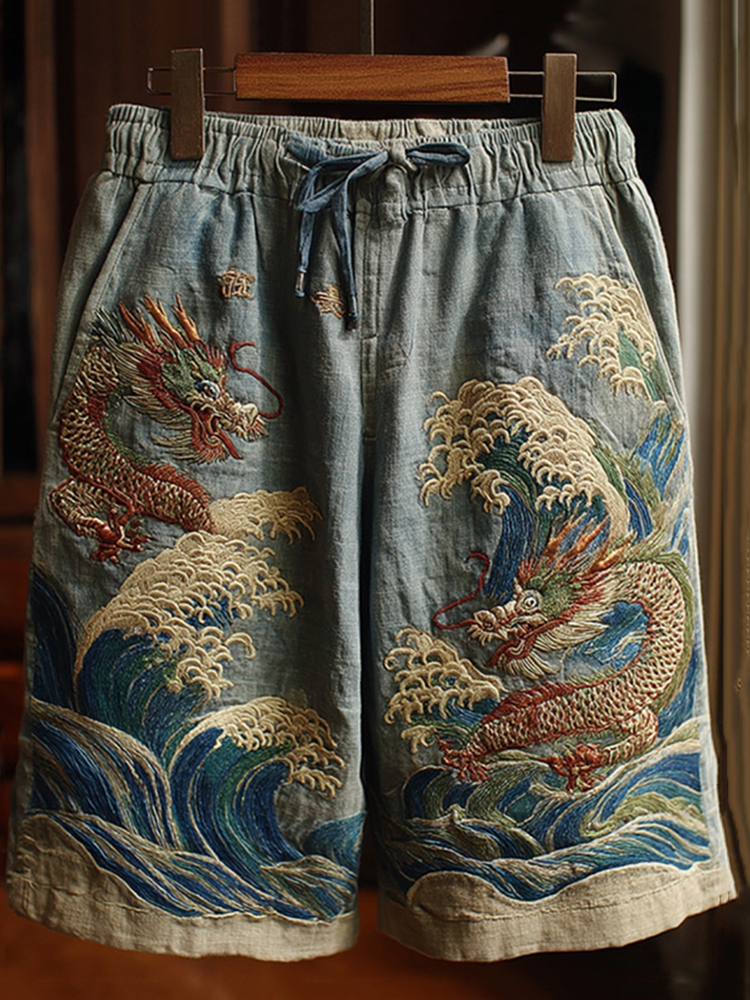 Men's Japanese Dragon Art Contrast Linen Short Pants