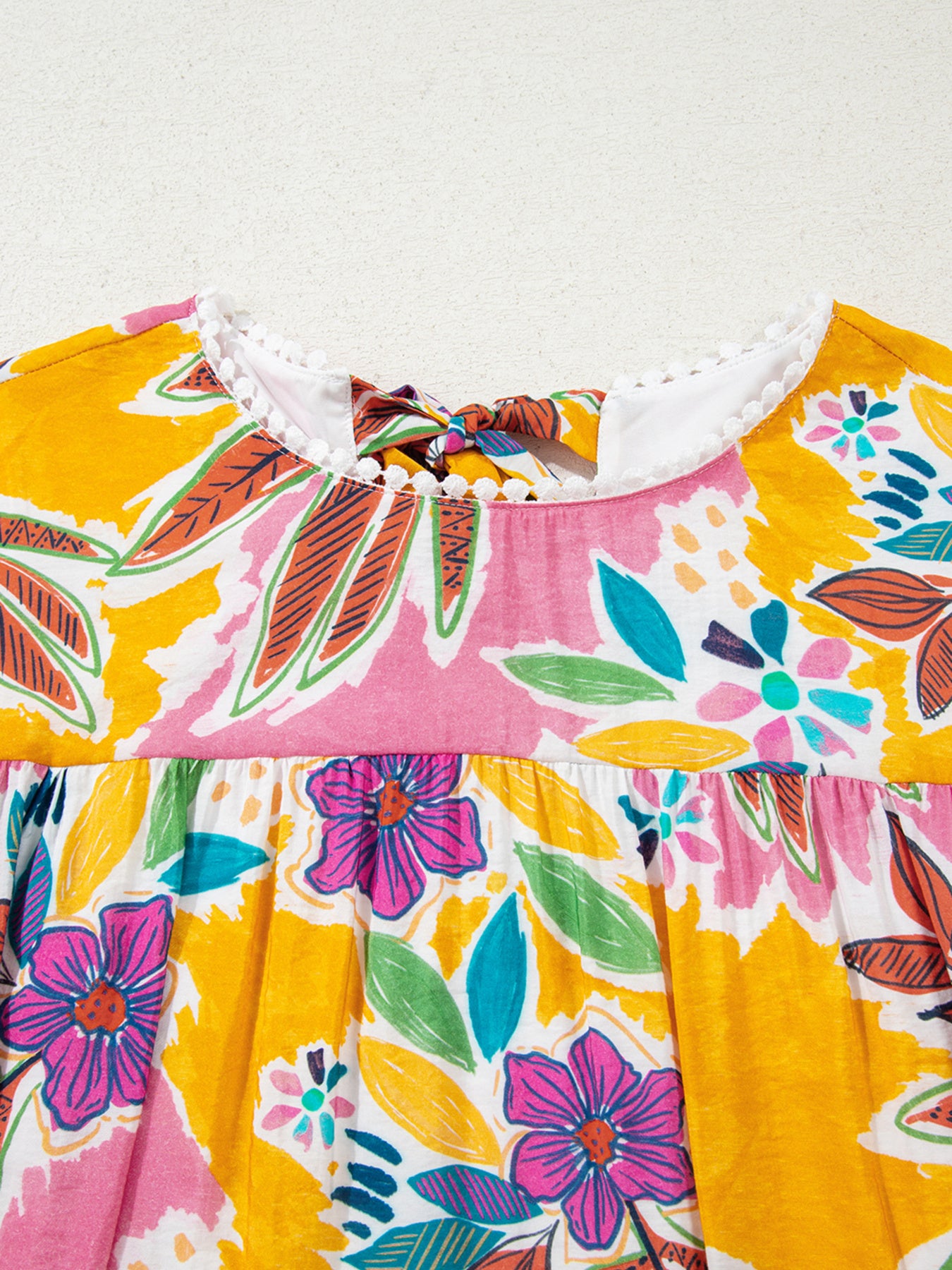 Floral Print Lace Trimmed Tie Back Bell Sleeve Swing Mini Dress