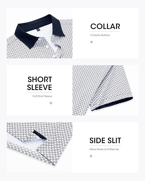 Mens Golf Polo Shirts Short Sleeve Dry Fit Moisture Wicking Casual Tennis Polos Print Collared Shirt