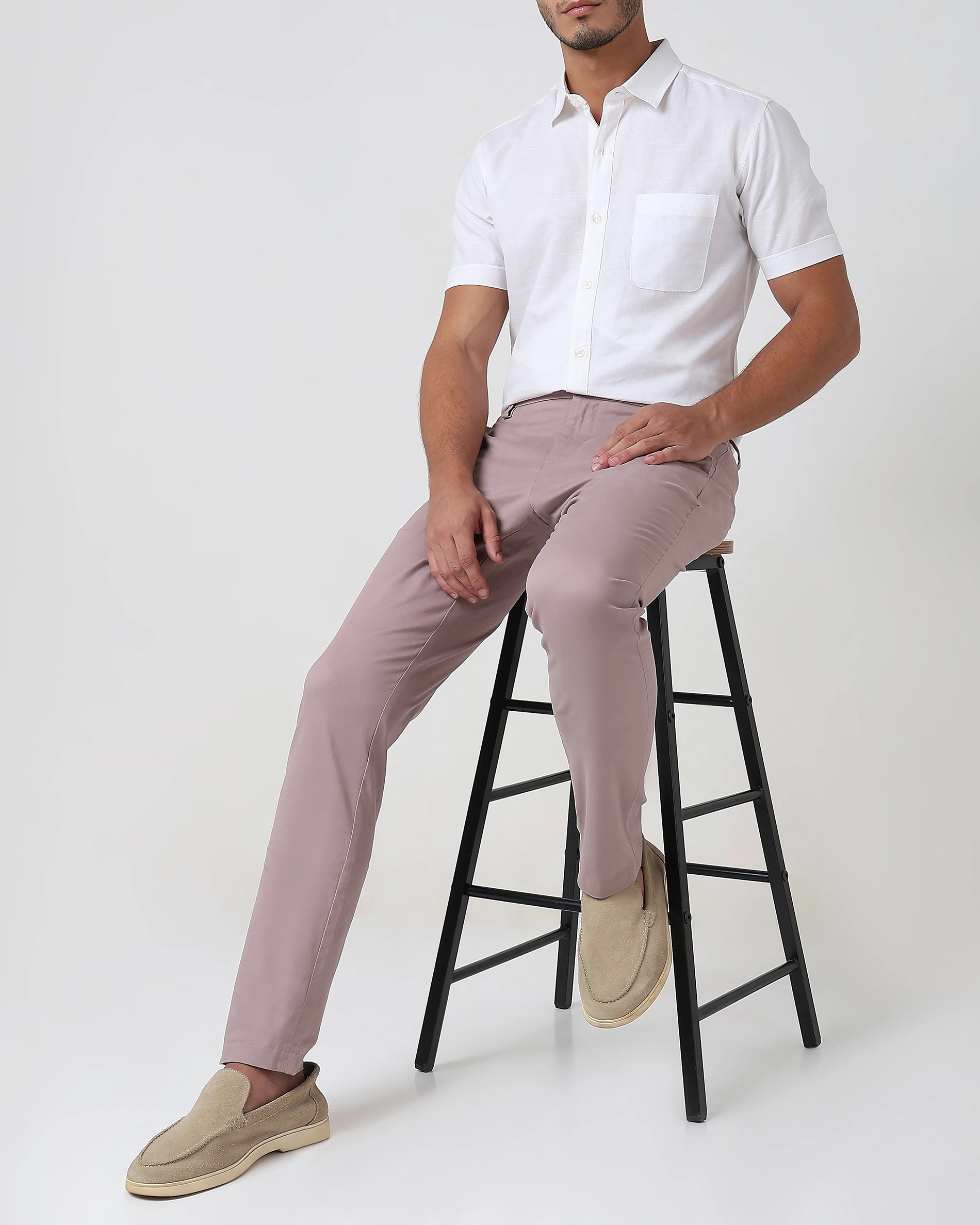 Classic Versatile Slim-Fit Straight-Leg Pink Trousers