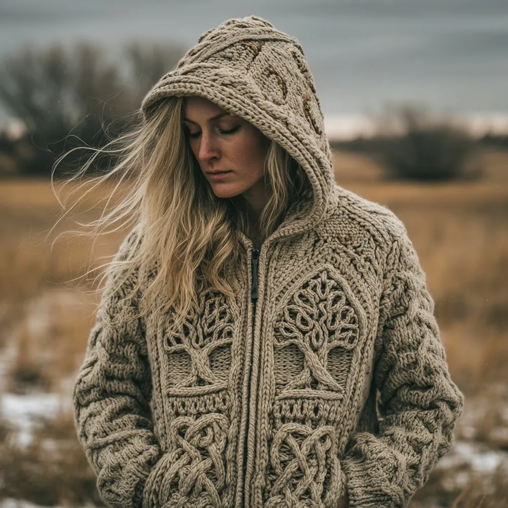 Vintage Viking Inspired Tree Of Life Knit Hooded Cardigan
