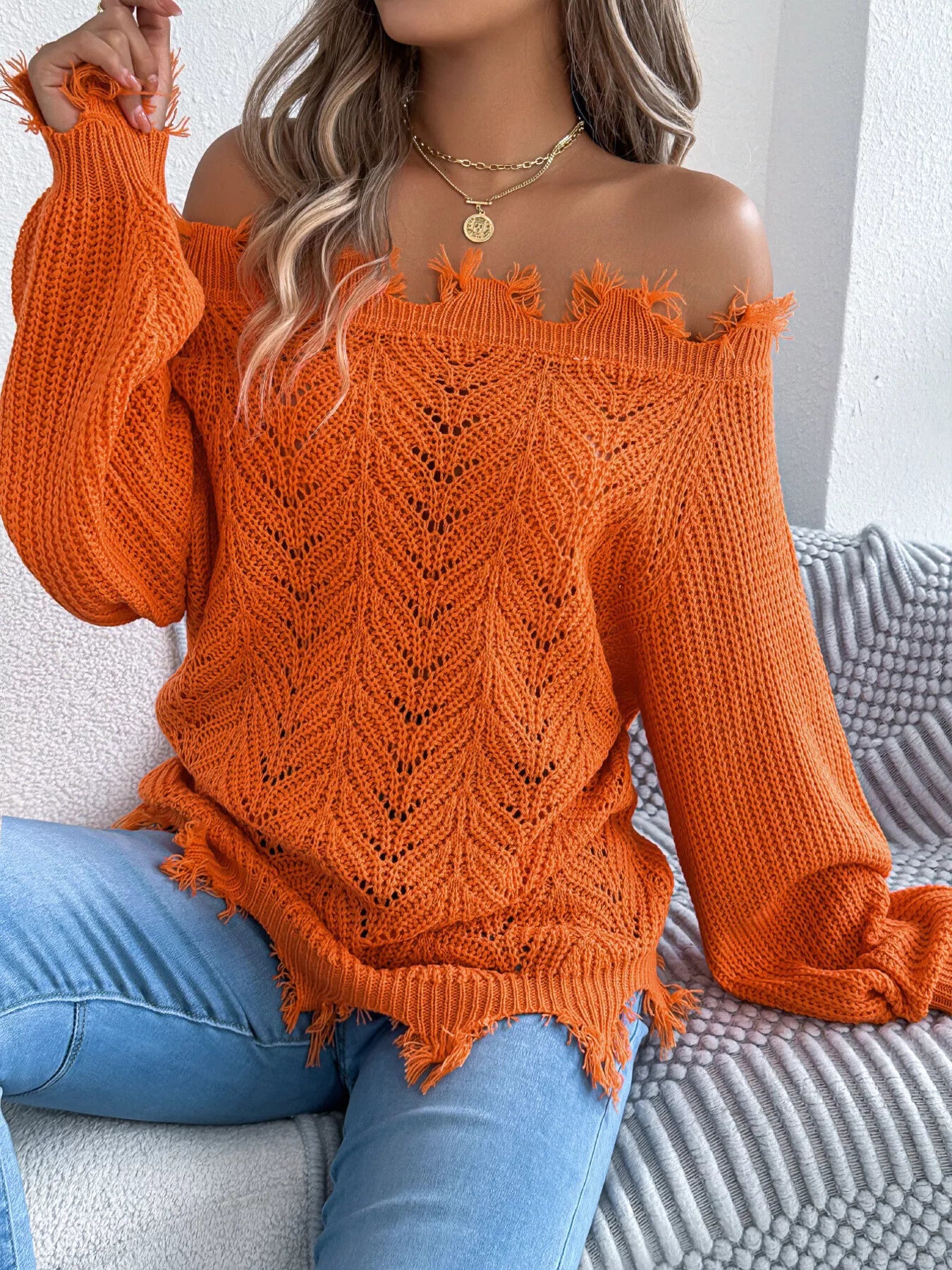 Distressed Hem Openwork Off-Shoulder Sweater