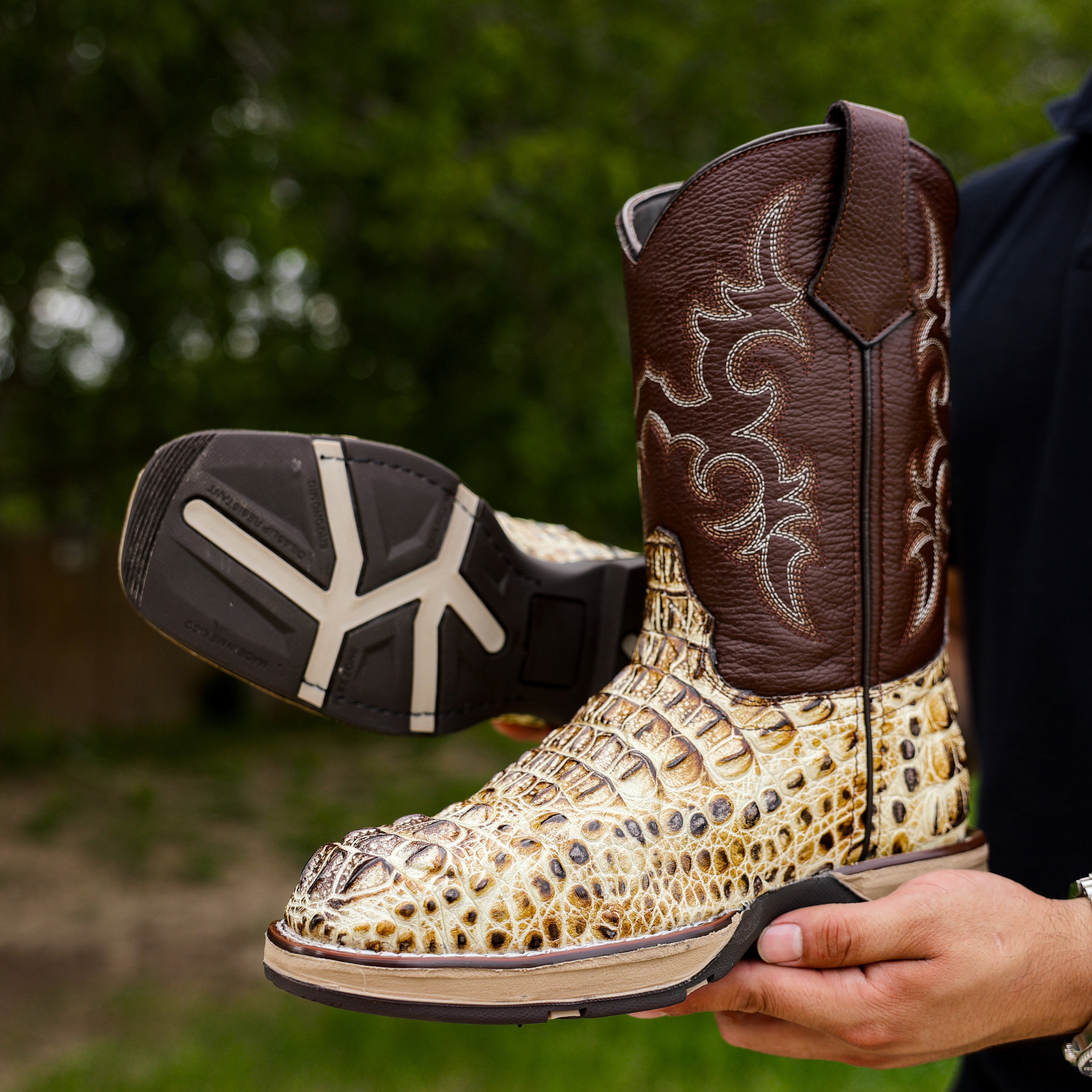 Bone Desert Caiman Neck Leather Boots With 3D Lightweight Sole - Composite Toe