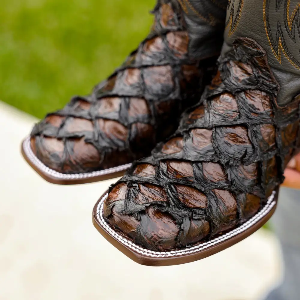 Brown Jumbo Pirarucu Leather Boots - Square Toe