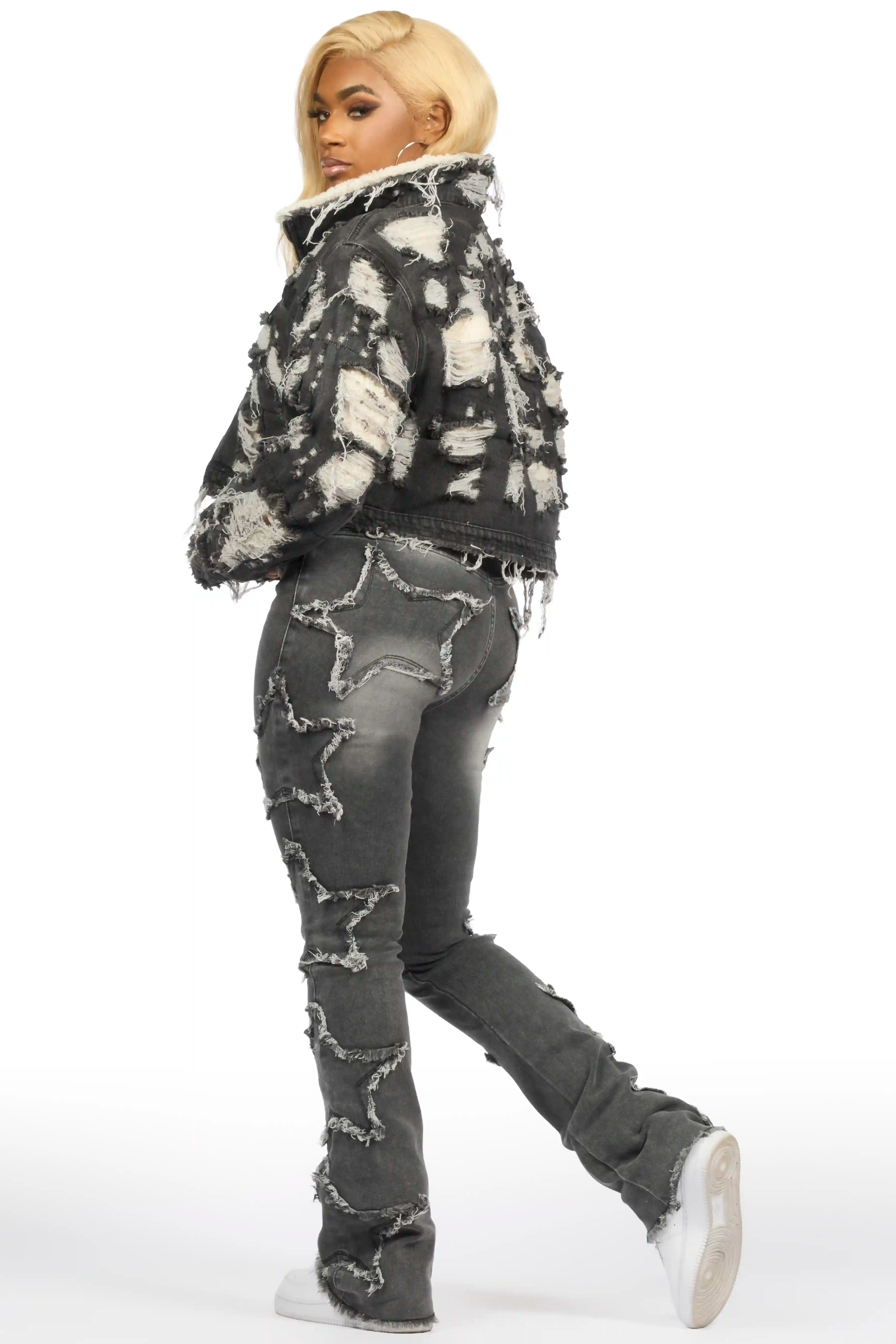 Fara Black Denim Sherpa Puffer Jacket