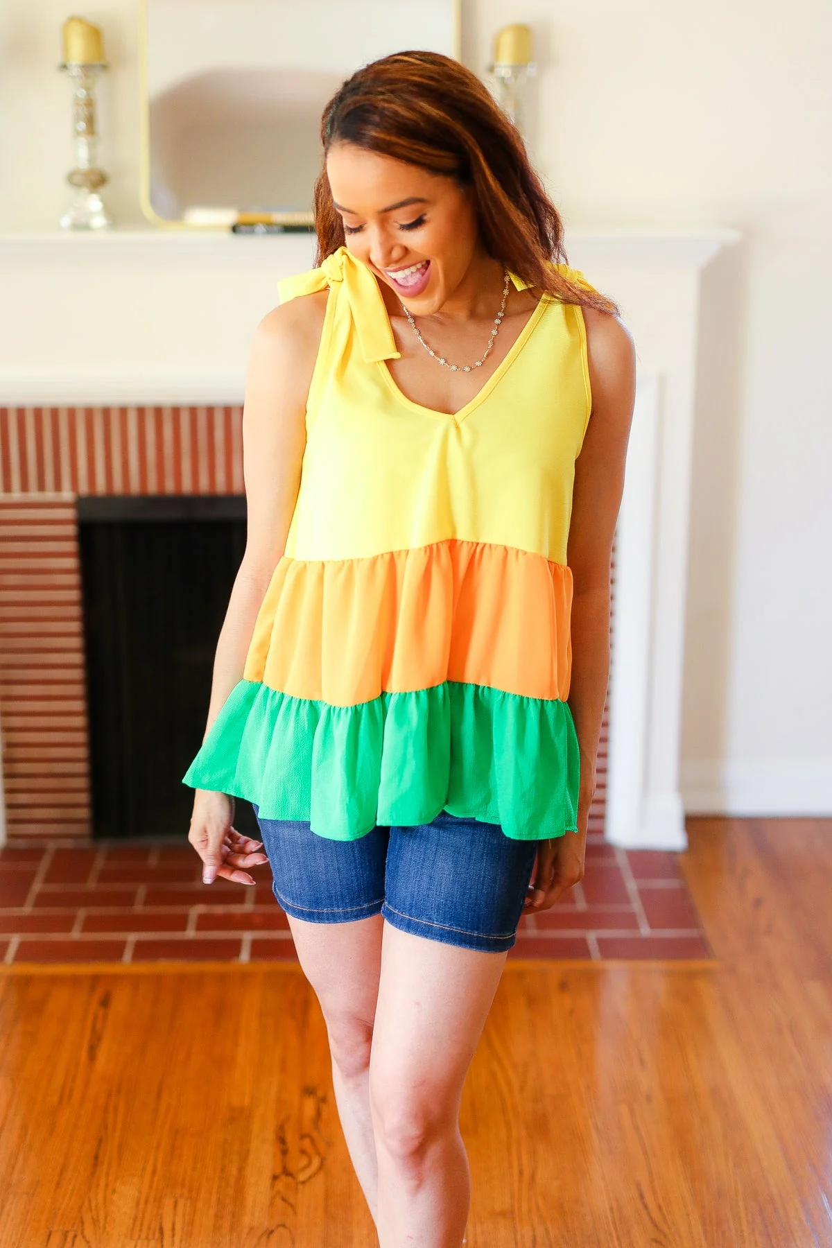 Tiered Shoulder Tie Crepe Top in Yellow & Tangerine
