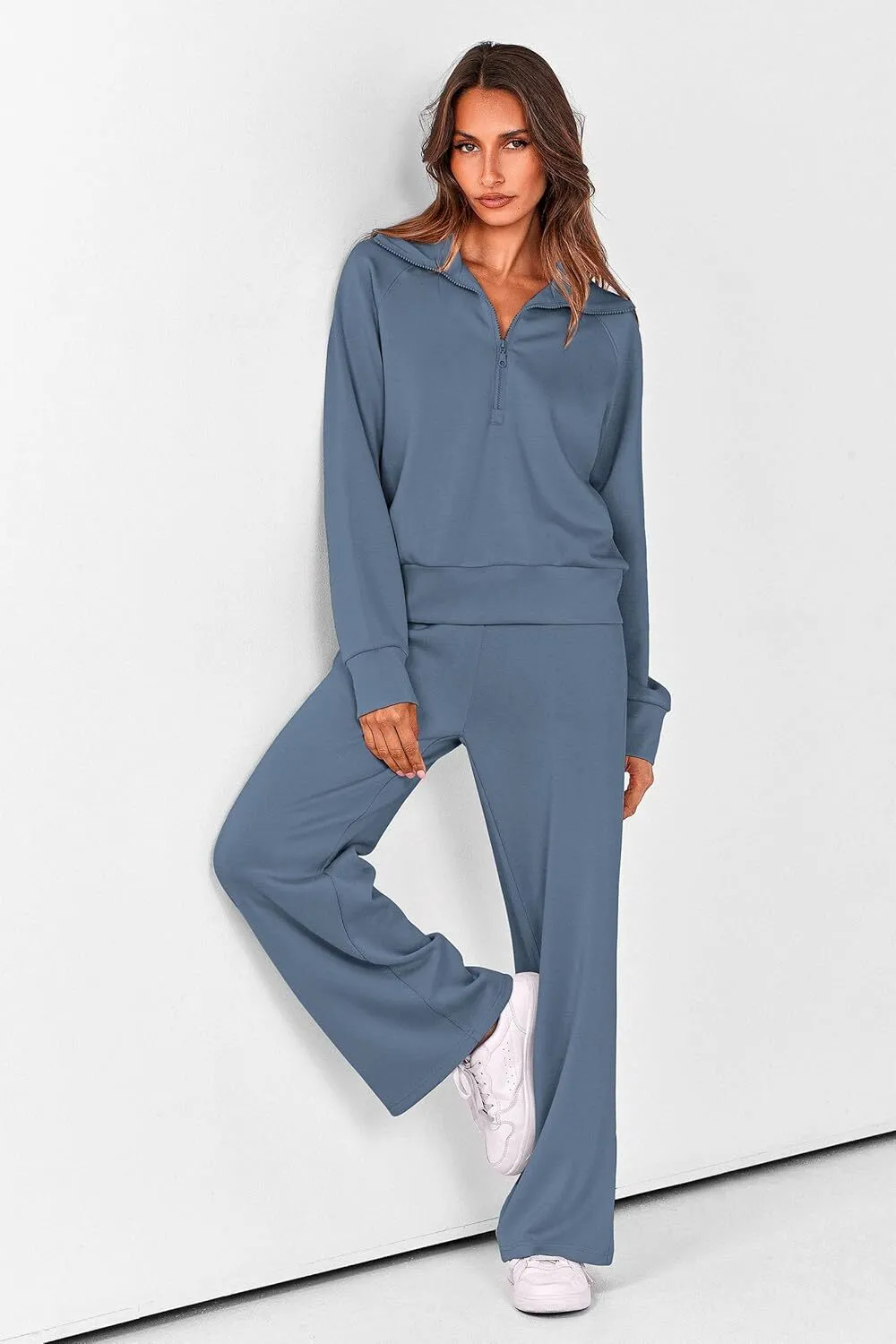 🔥Final Day Clearance!🛒Women's 2 Piece Outfits Casual Lapel Half Zip Sweatshirts And Wide Leg Pants Tracksuit Sets