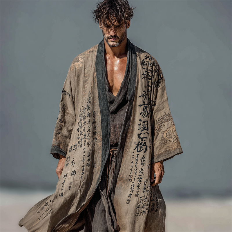 Men's Vintage Japanese Calligraphy Art Flowy Long Linen Kimono