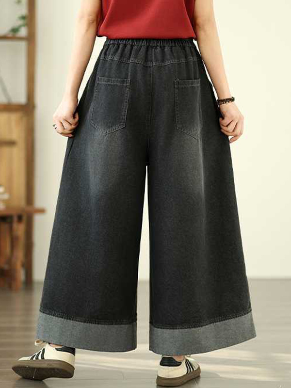Elasticity Pleated Pockets Loose Wide Leg Trousers Jean Pants Bottoms