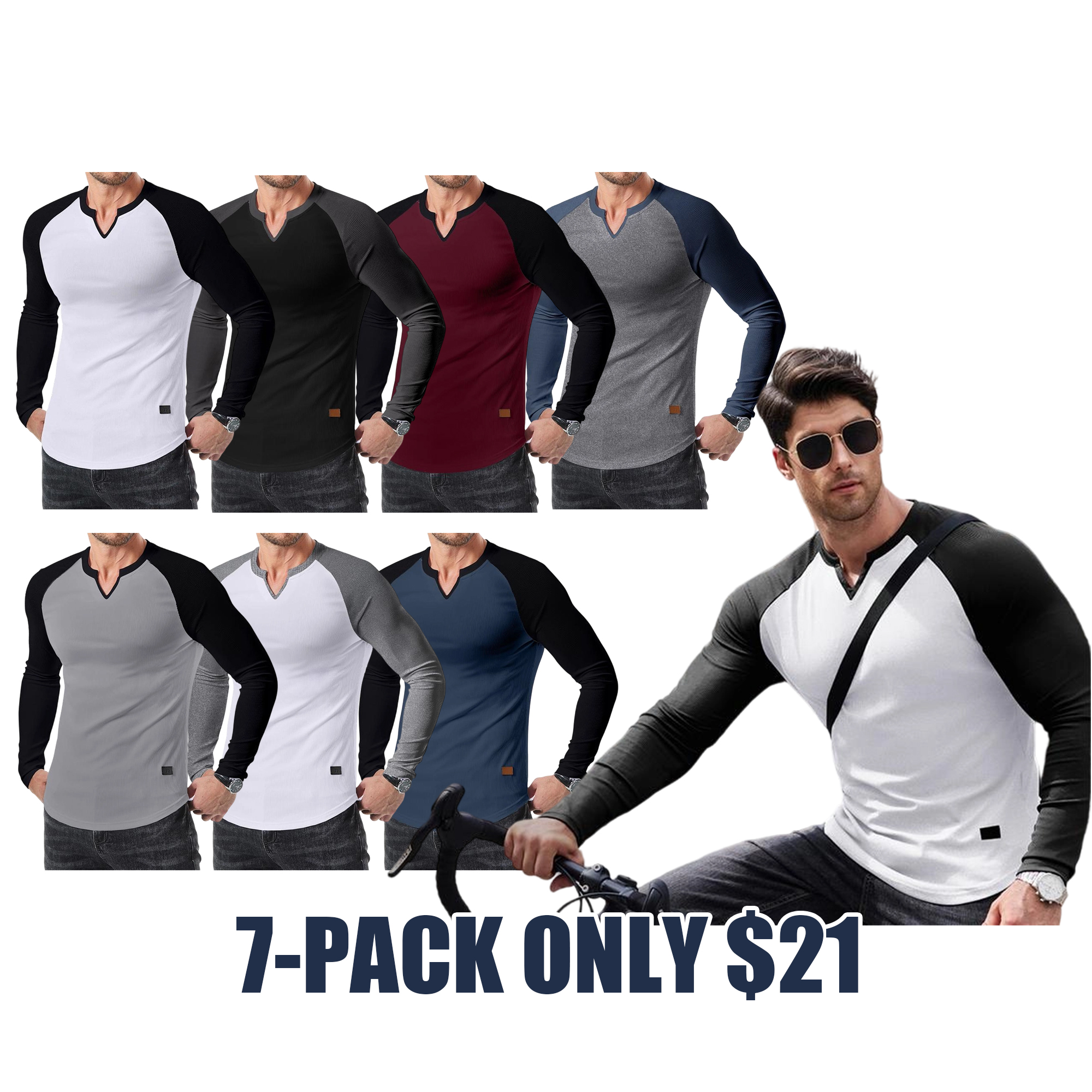 Men’s Ribbed V-Neck Long Sleeve Casual Tee