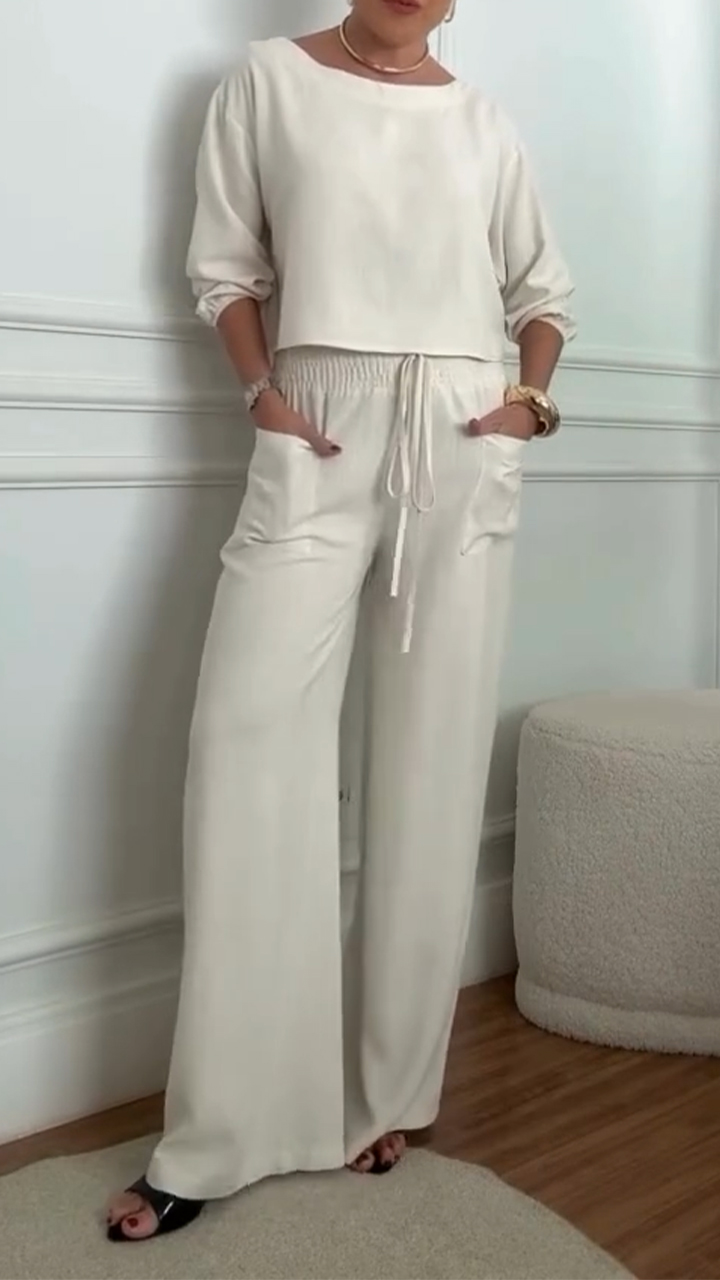 Women Round Neck Top + Drawstring Pants Solid Color Casual Suit