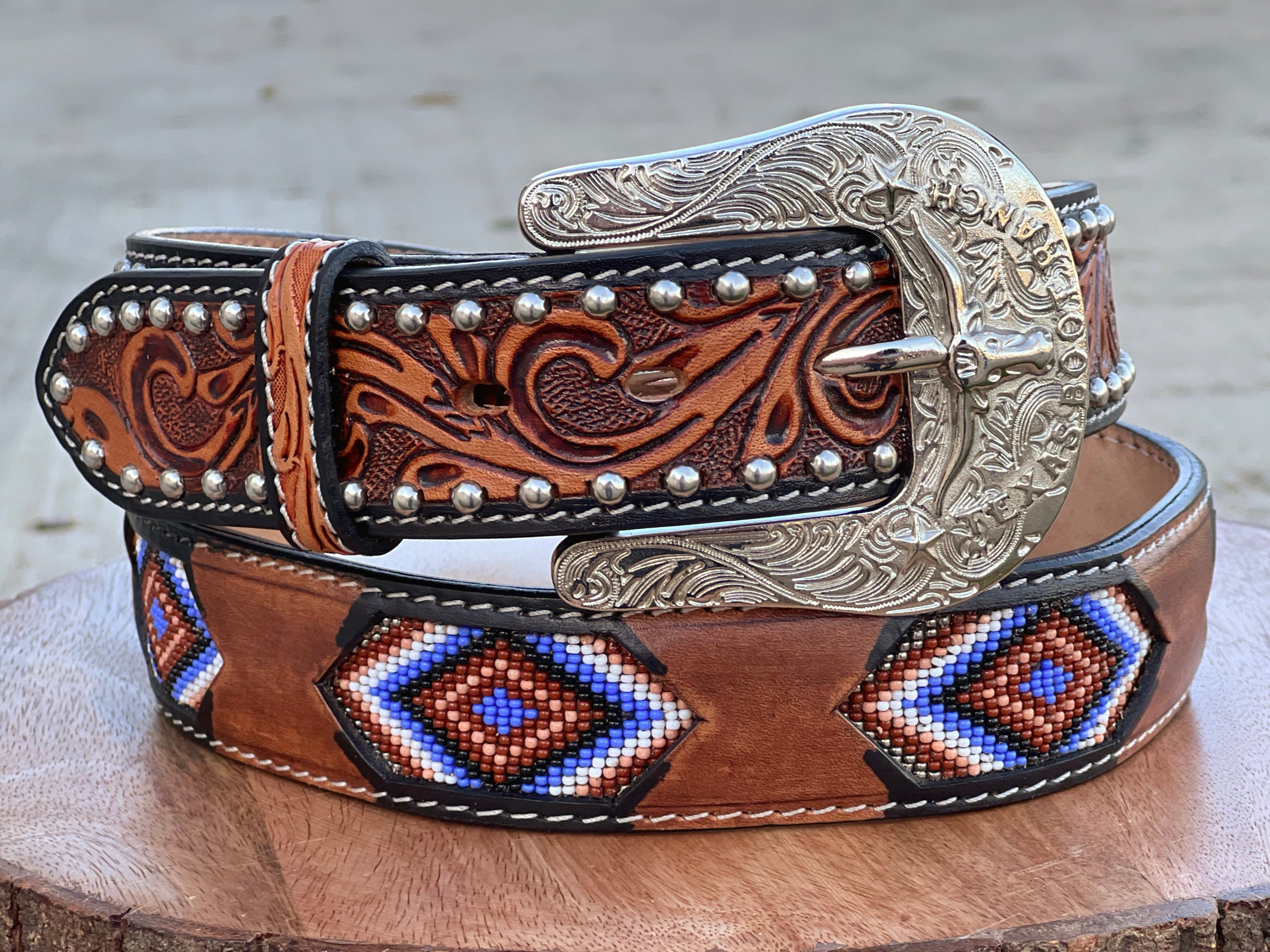 Honey Hand-Tooled Leather Artesanal Tabs With Silver Studs Brown and Purple Beaded Belt