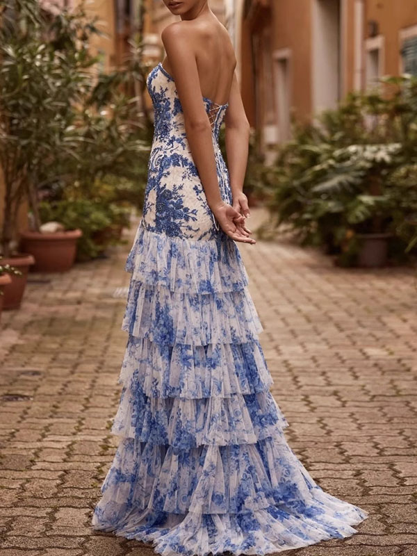 Flower Printed Mesh Splicing Split-Side Sleeveless Tube Elegant Maxi Dresses