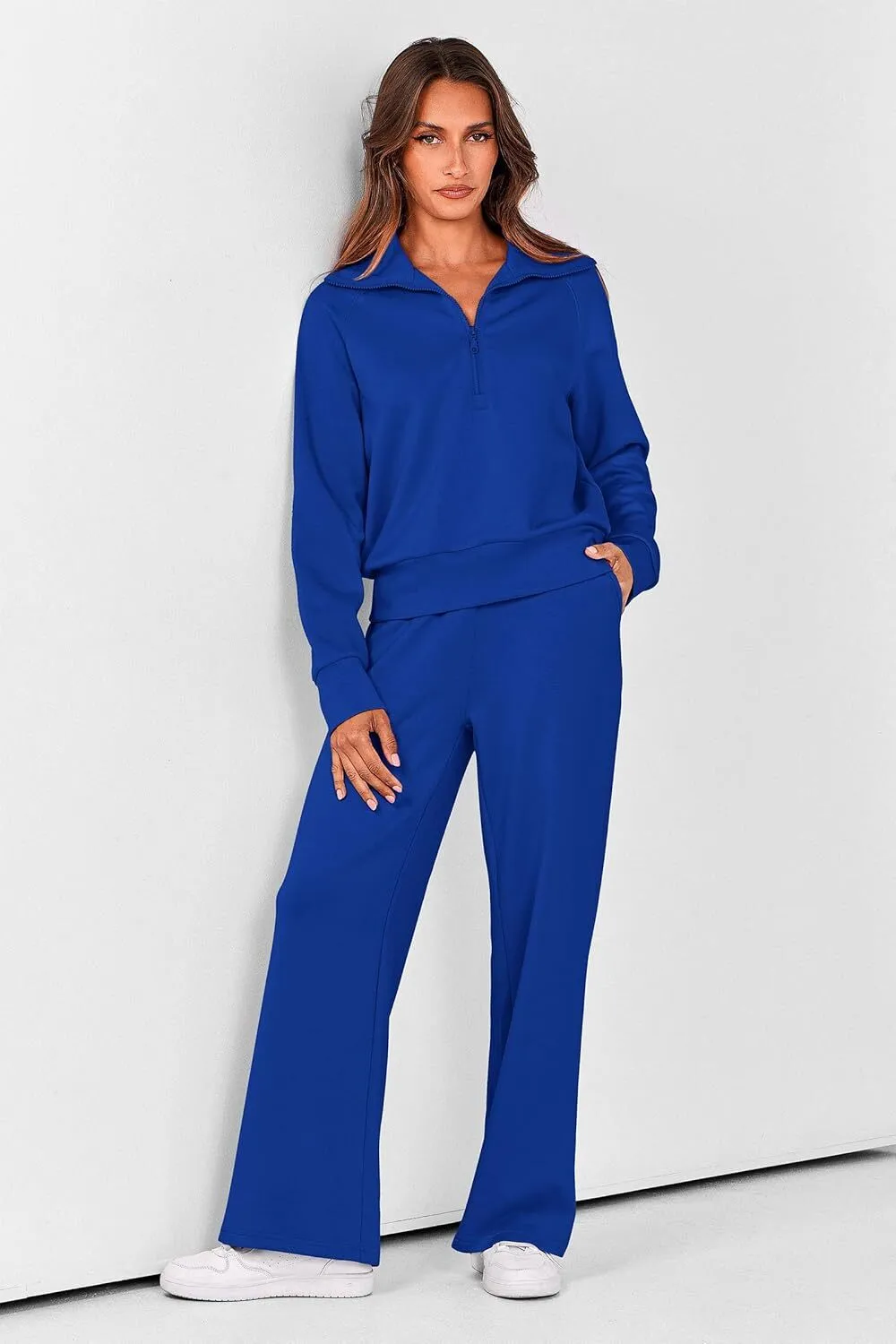 🔥Final Day Clearance!🛒Women's 2 Piece Outfits Casual Lapel Half Zip Sweatshirts And Wide Leg Pants Tracksuit Sets