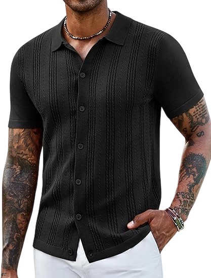 Men's Knit Shirts Short Sleeve Casual Button Down Polo Shirt Summer Beach Vacation Shirts Outfit Top