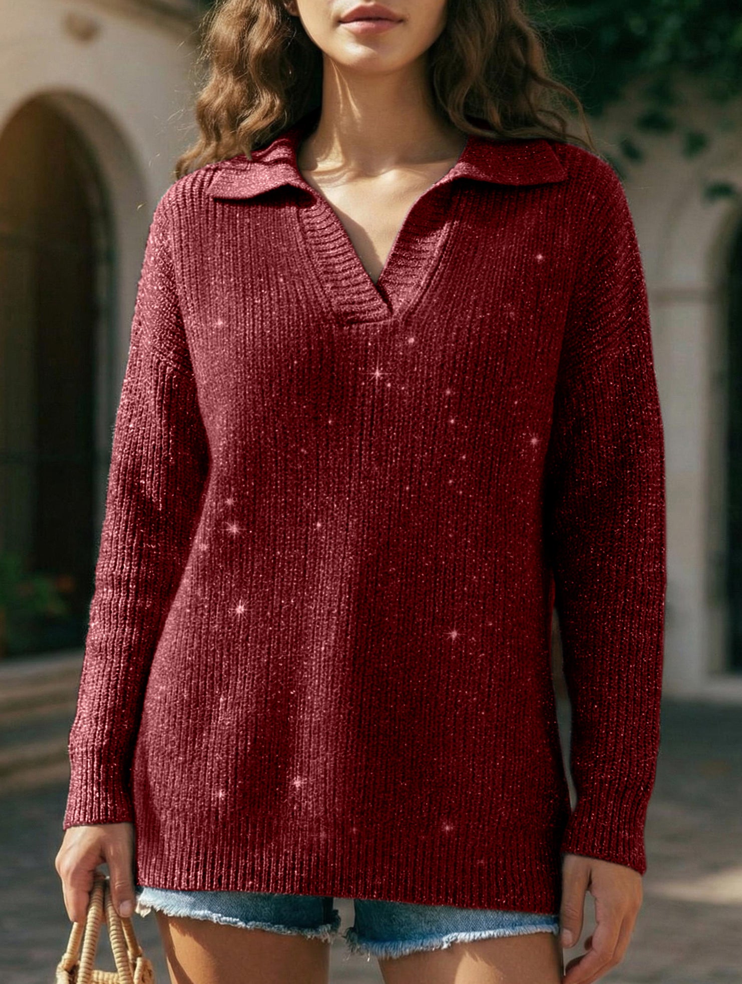 Loose-fitting, silver-threaded, sparkly T-shirt_CWOSWL09205