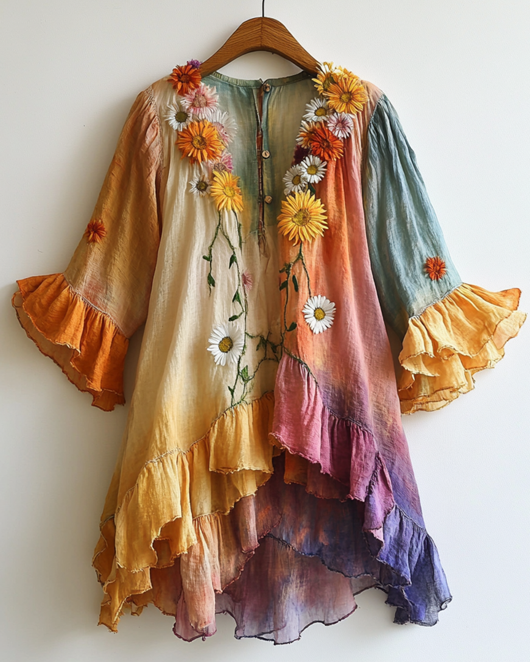 Rainbow Linen Ruffle Daisy Embroidery Irregular Cardigan 1500