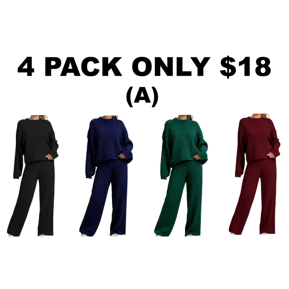 Women's Cable Knit Lounge Set - Long Sleeve Pullover & Wide Leg Pants