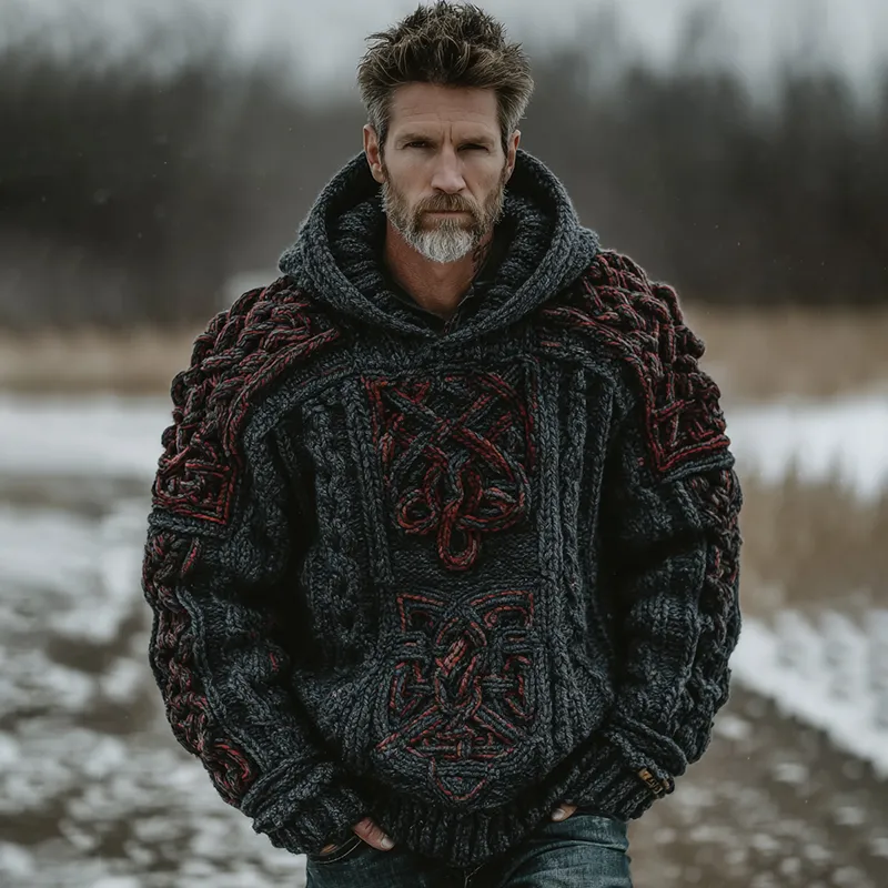 Men's Retro Contrast Celtic Knot Hooded Sweater