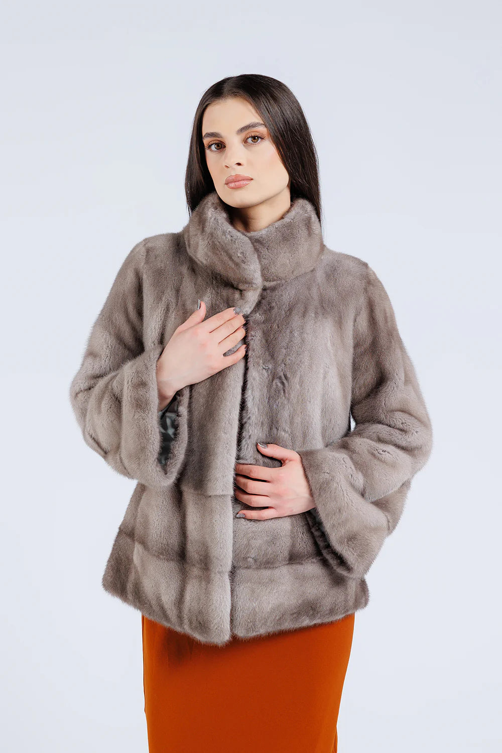 Haină din Blană Naturală de Vizon, Mâneca Clopot, Femei, Silver Blue 227