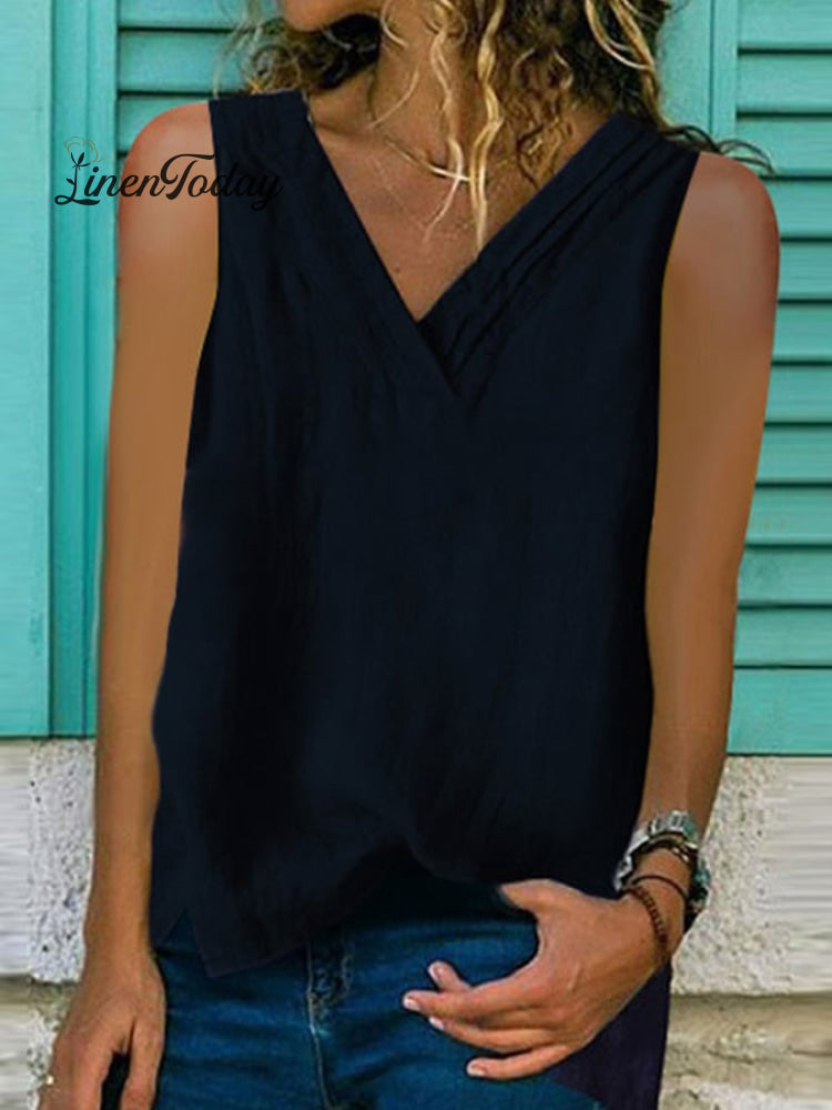 Women's V-Neck Hem Split Sleeveless Shirt