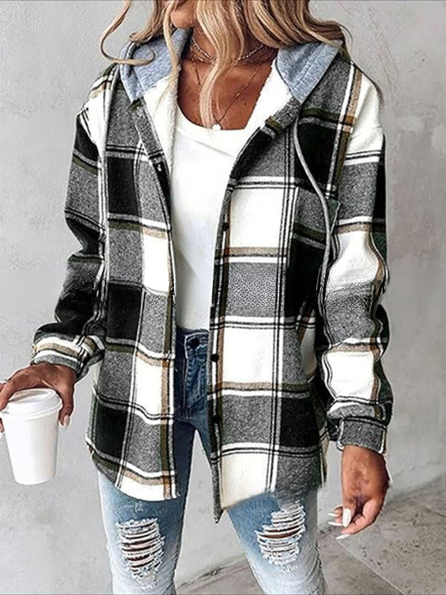 Urban Split Joint Color Block Women's Faux Wool Plaid Striped Jacket