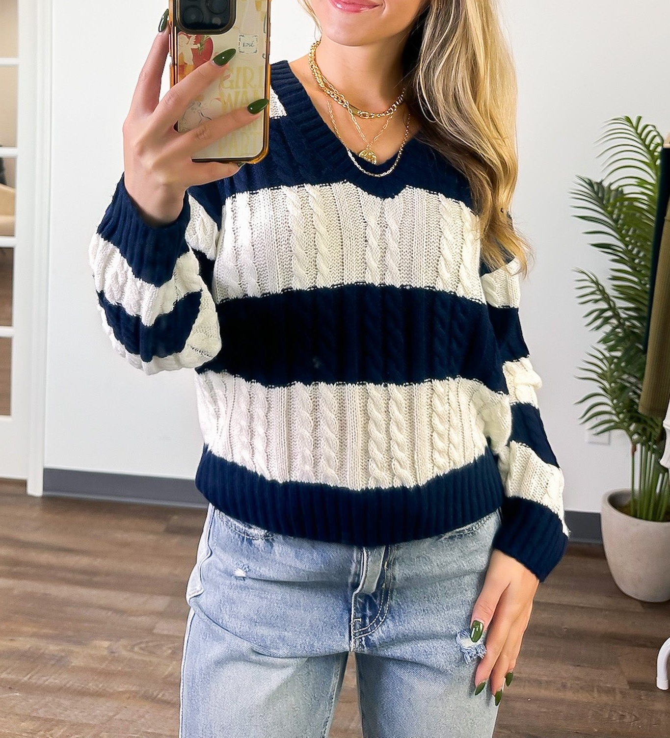 V-Neck Striped Cable Knit Sweater
