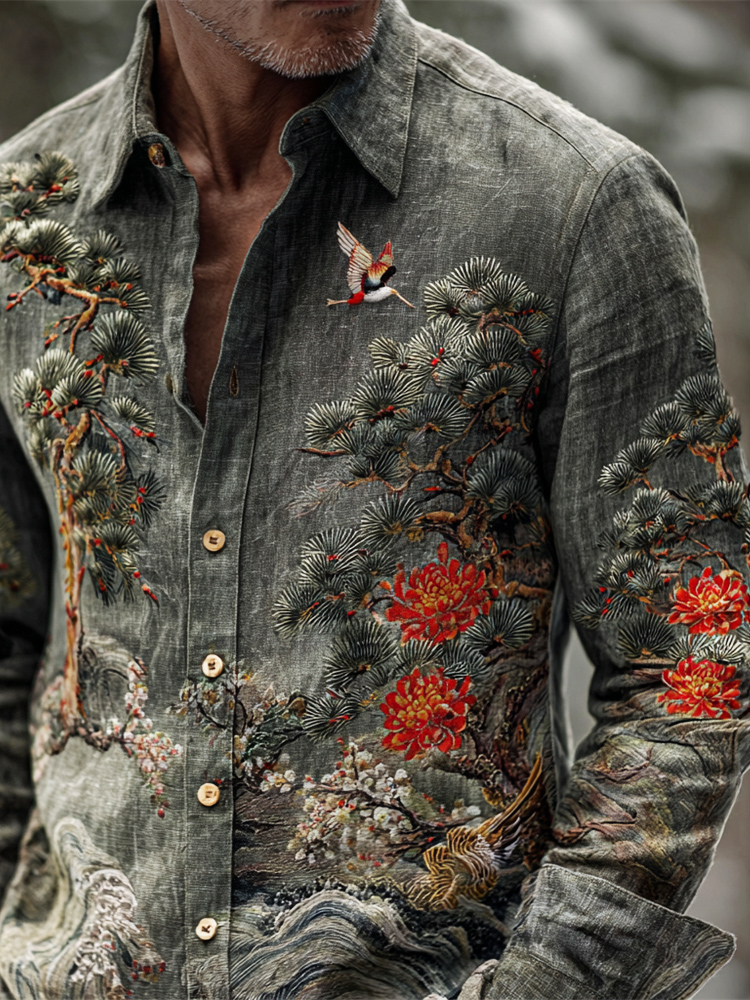 Japanese Pine & Chrysanthemum Embroidery Men's Long Sleeve Shirt