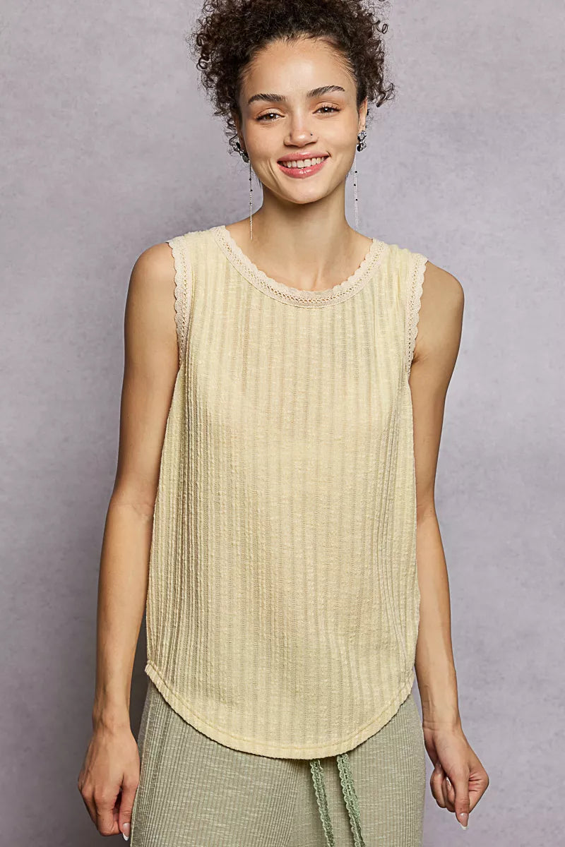 POL Ribbed Round Neck Tank with Lace Trim